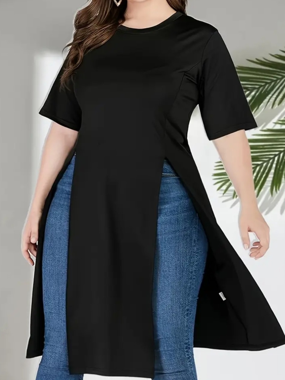 Black Split-Side Short Sleeve Tunic Dress